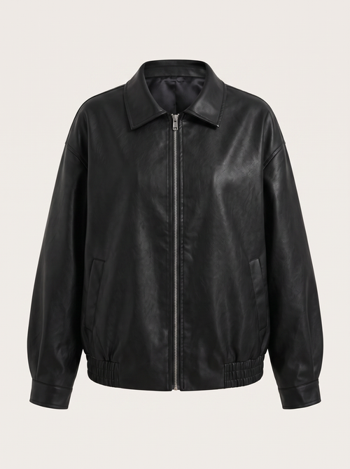 Black Faux Leather Jacket with Point Collar