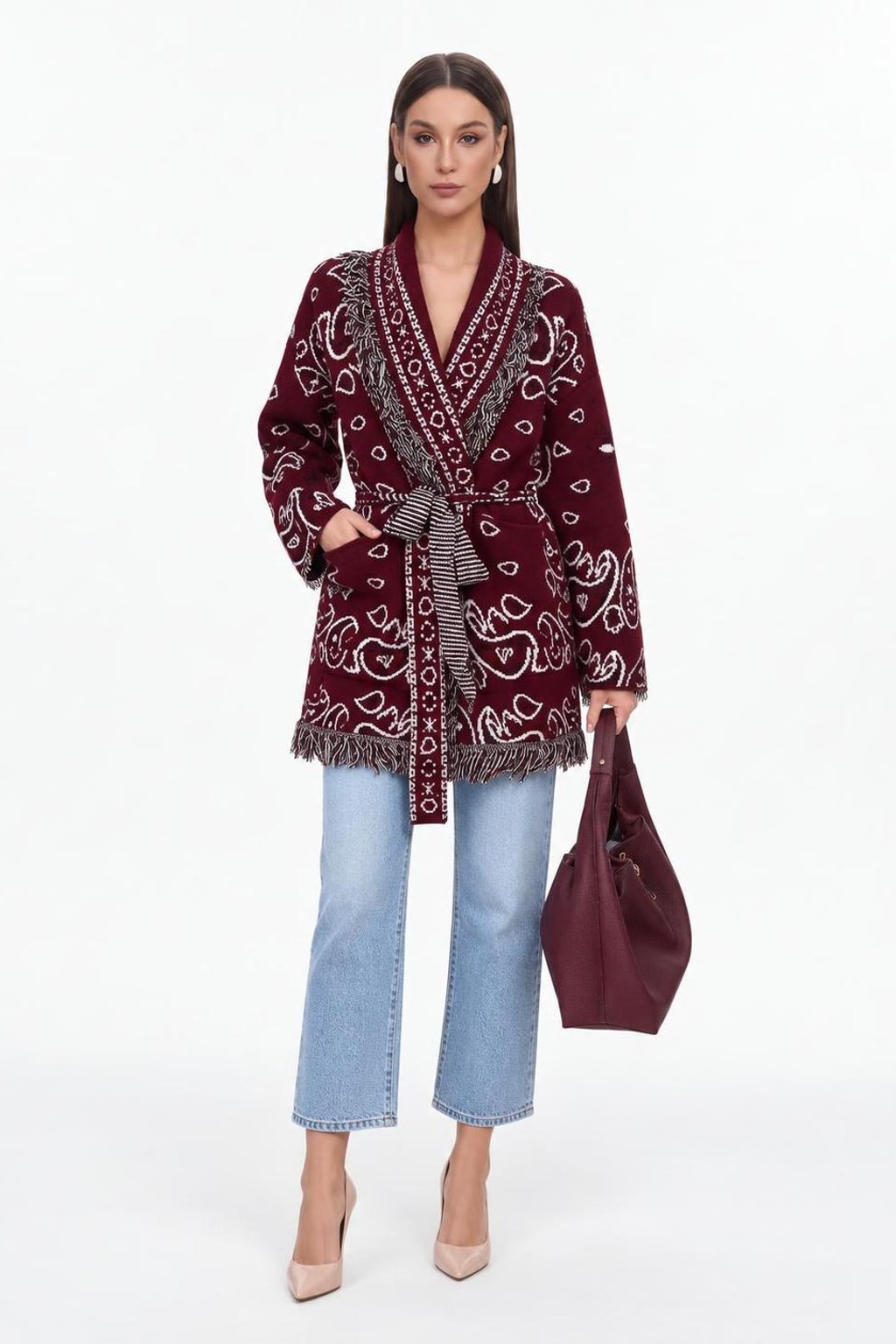 Knit V-Neck Cardigan With Tassel Trim - 2
