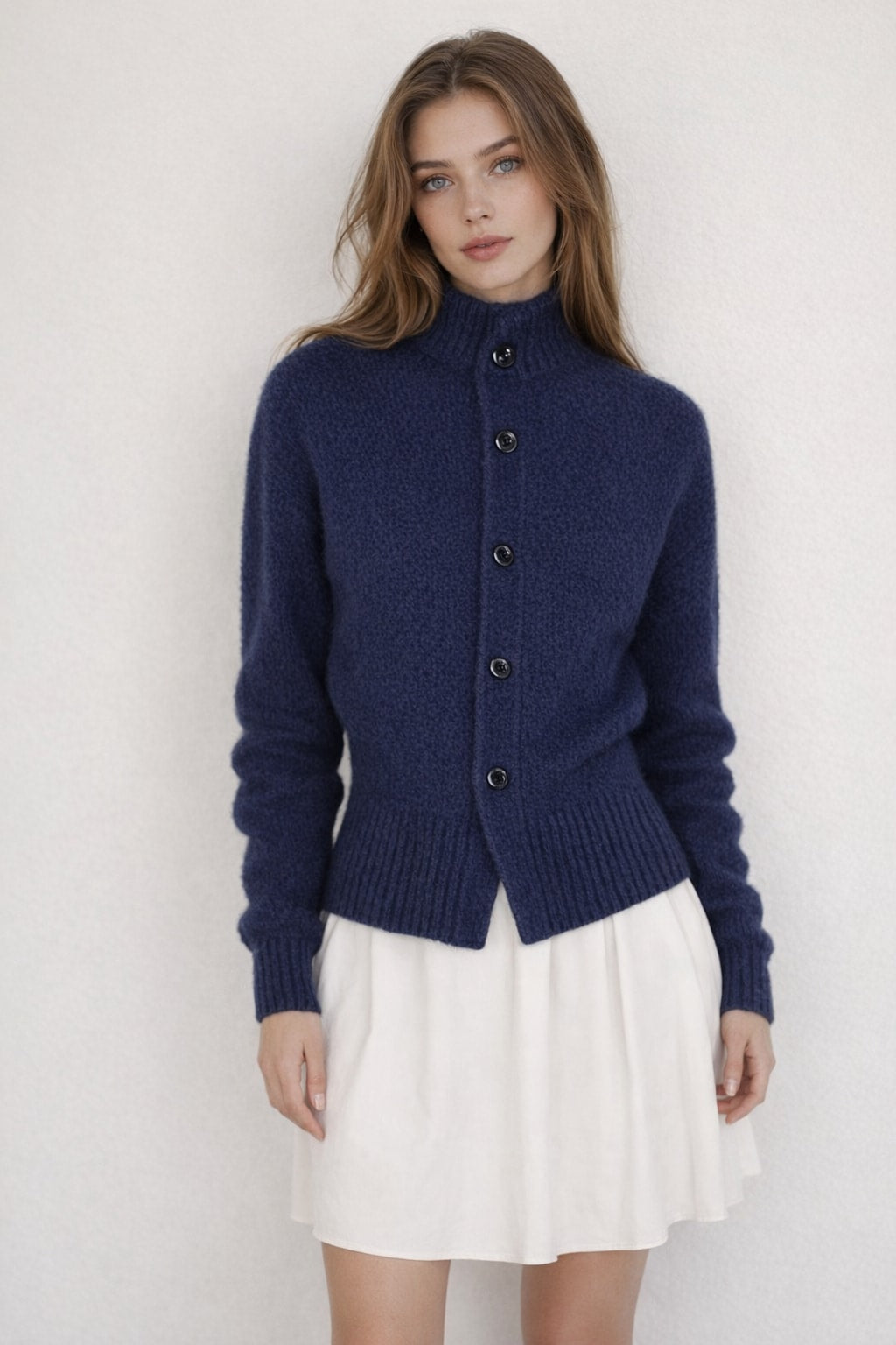Knitted Cardigan with High-Neck Button Front - 4
