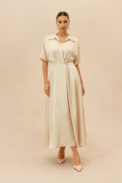 Beige shirt collar maxi dress with twist front - view 2