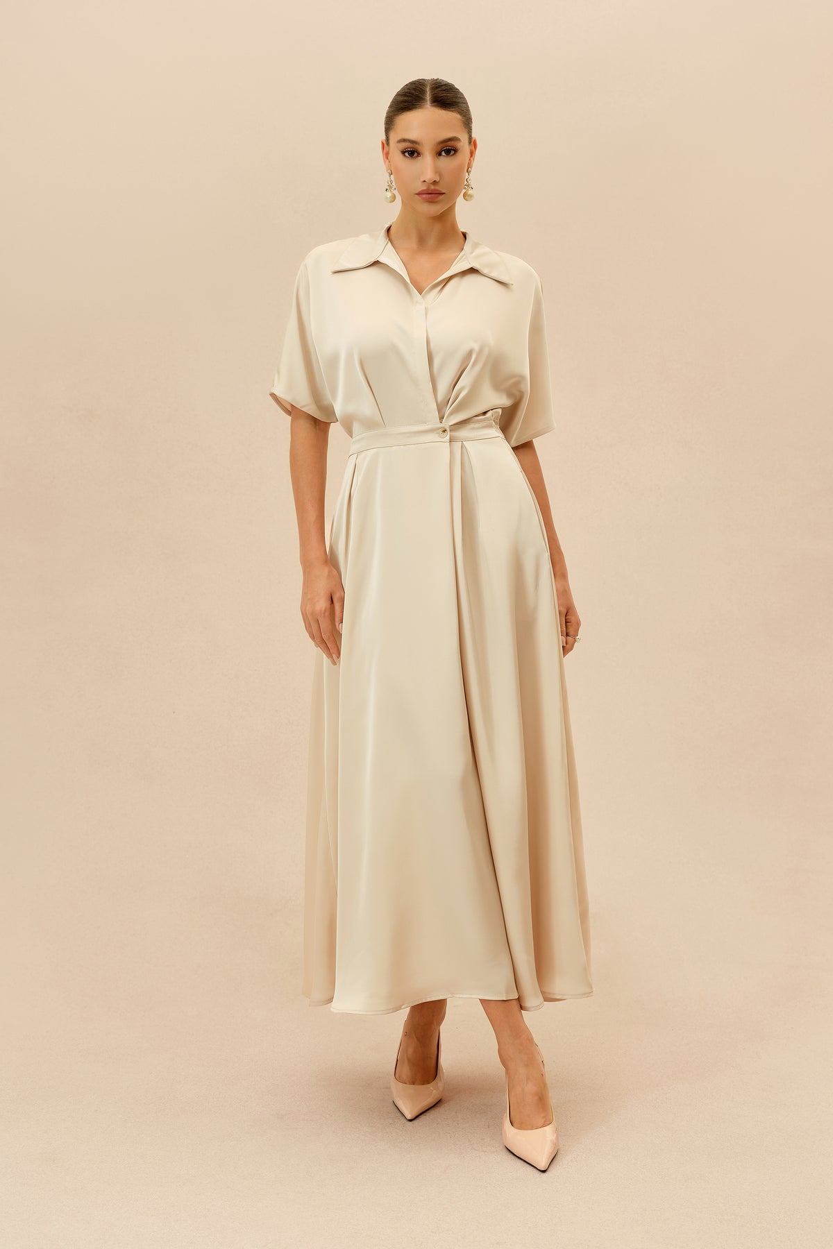 Polyester Shirt Collar Short Sleeve Maxi Dress - 2