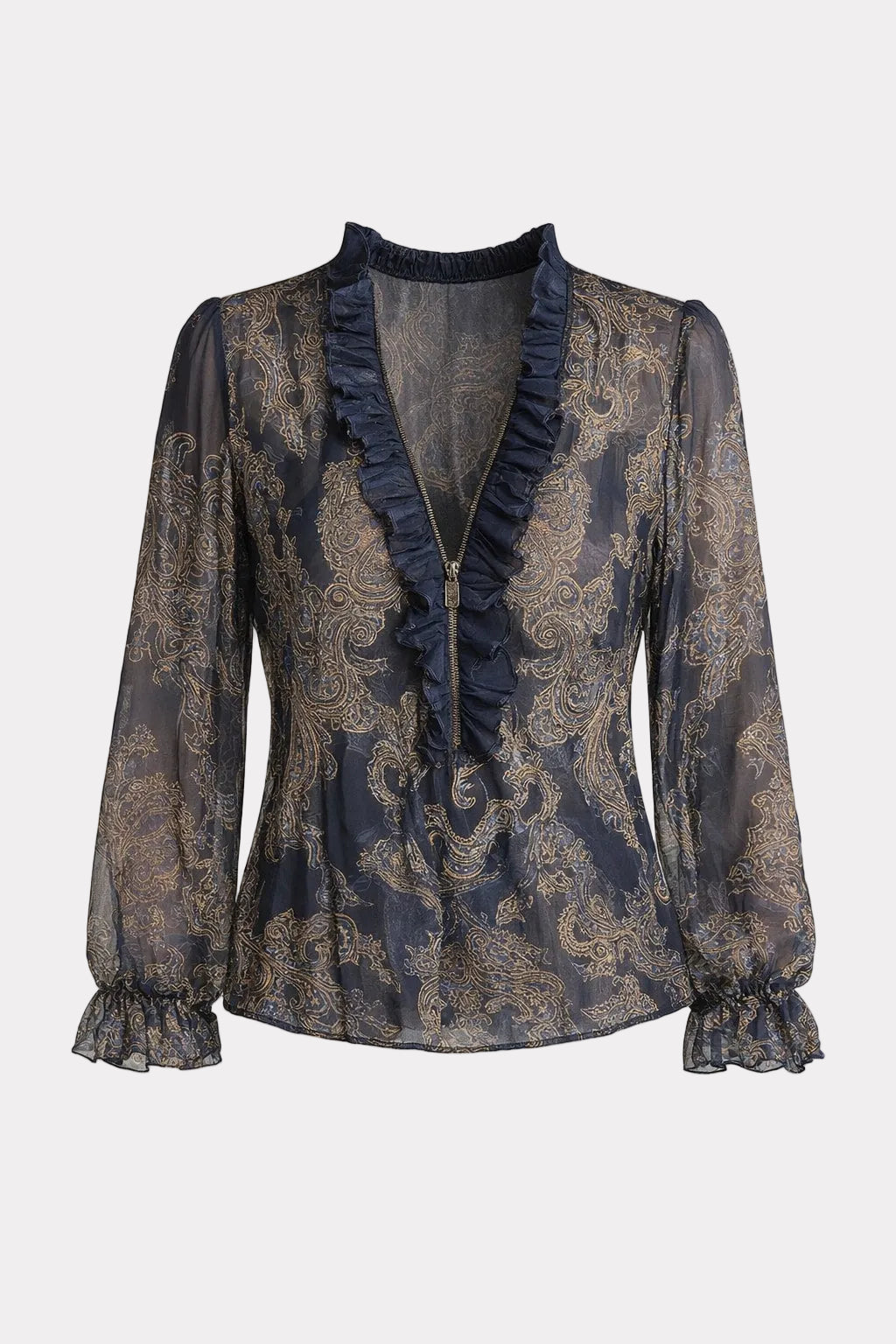 Chiffon Long Sleeve Blouse With Ruffled Zip Neckline - 1