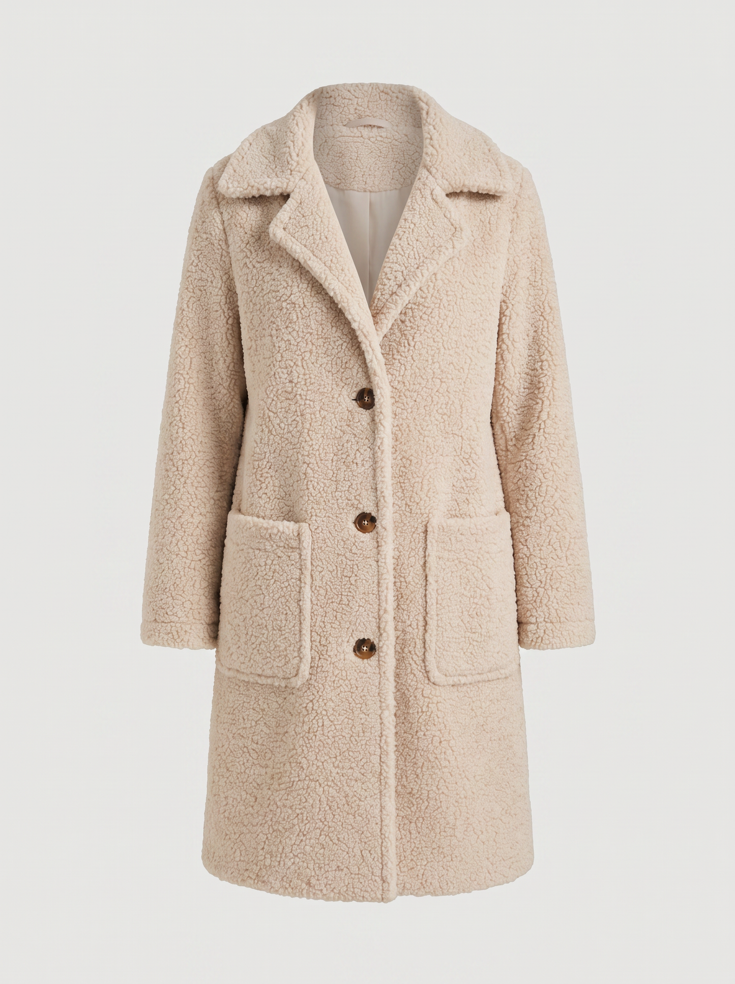 Long double breasted teddy coat with notch lapel