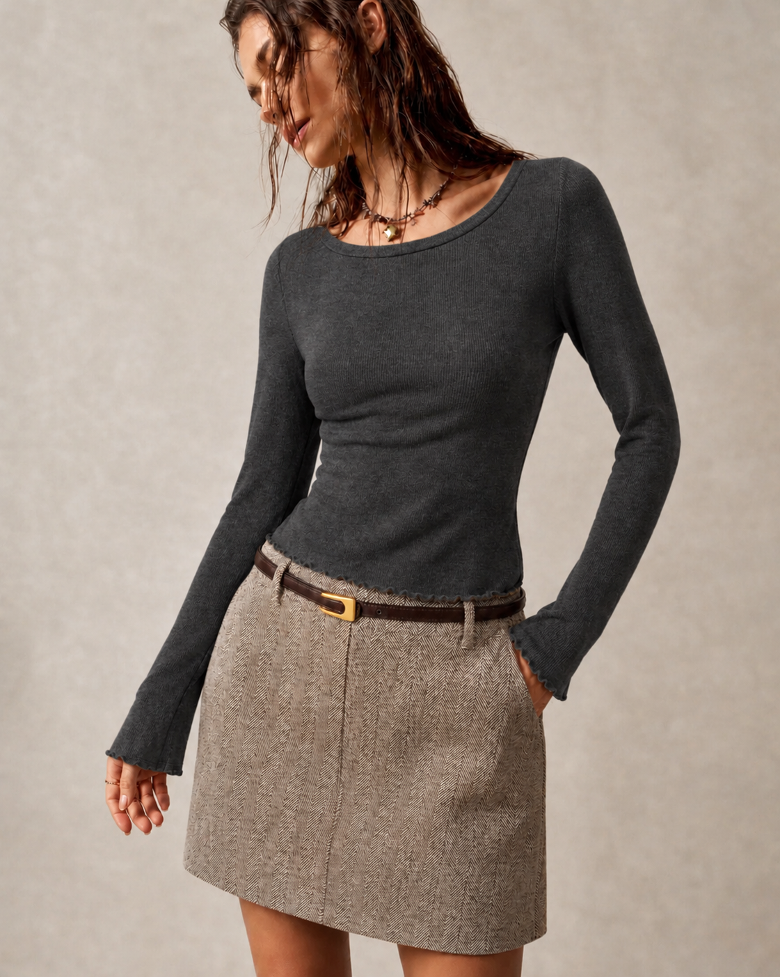 Knit Tee Long Sleeve Textured Crew Neck - 5