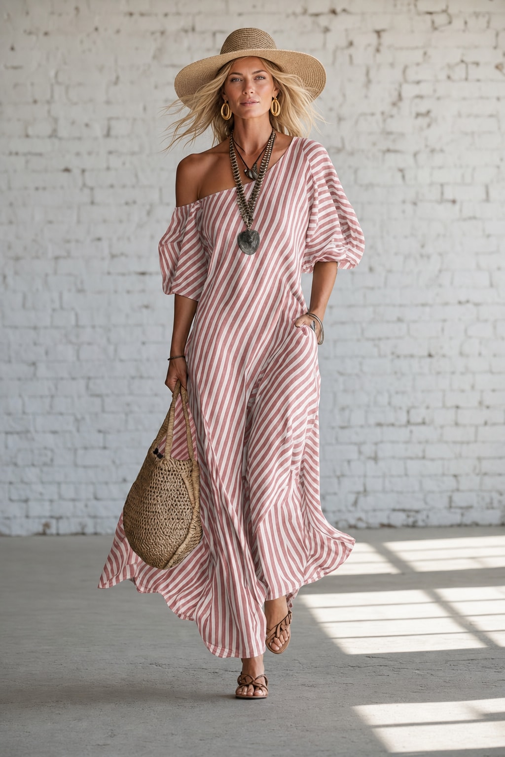 Striped Off-Shoulder Maxi Dress - 7