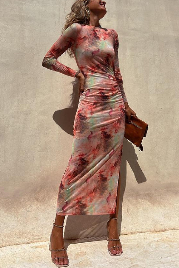 Tie-Dye Mesh Overlay Ruched Midi Dress - view 4