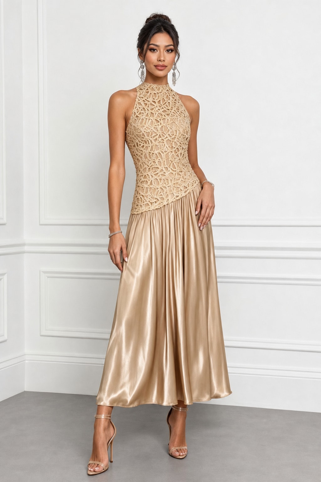 Lace Satin Halter A-Line Maxi Dress - 4
