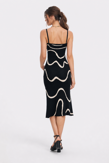 Black Cotton Modal Midi Dress, Mermaid Hem - view 4