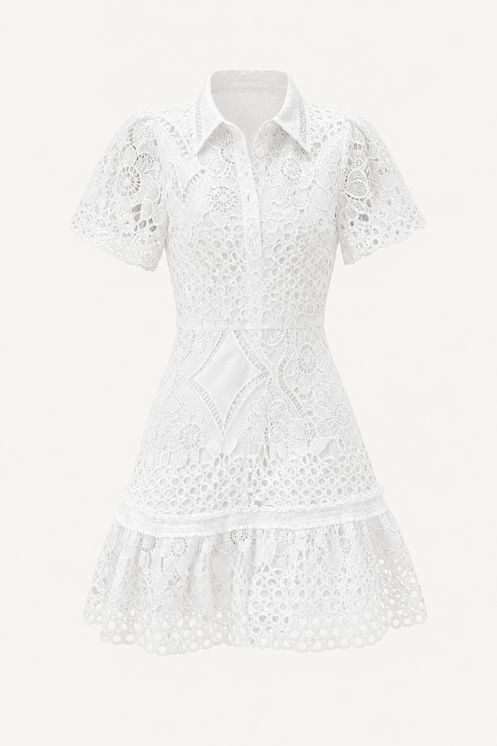 White Crochet Lace Puff Sleeve Mini Dress