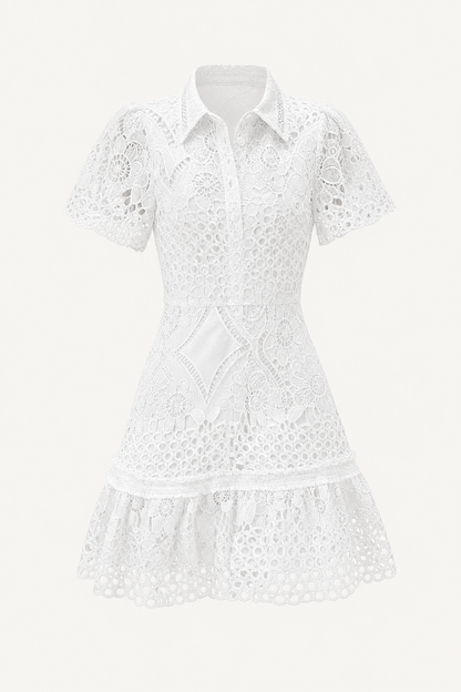 White Crochet Lace Puff Sleeve Mini Dress