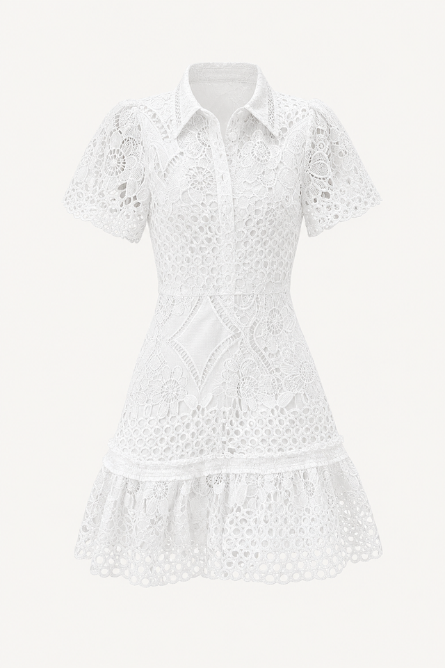 White Crochet Lace Puff Sleeve Mini Dress
