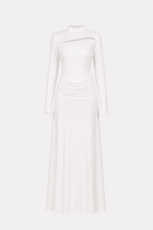 Beaded Fringe Maxi Dress in White