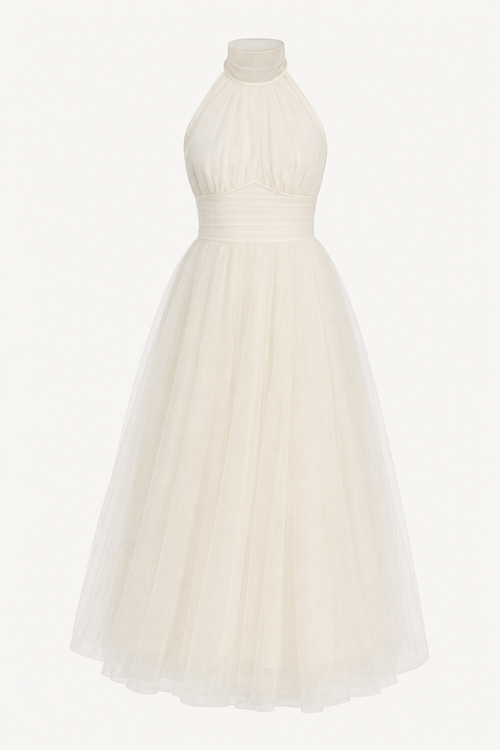 Tulle halter maxi dress with gathered bodice