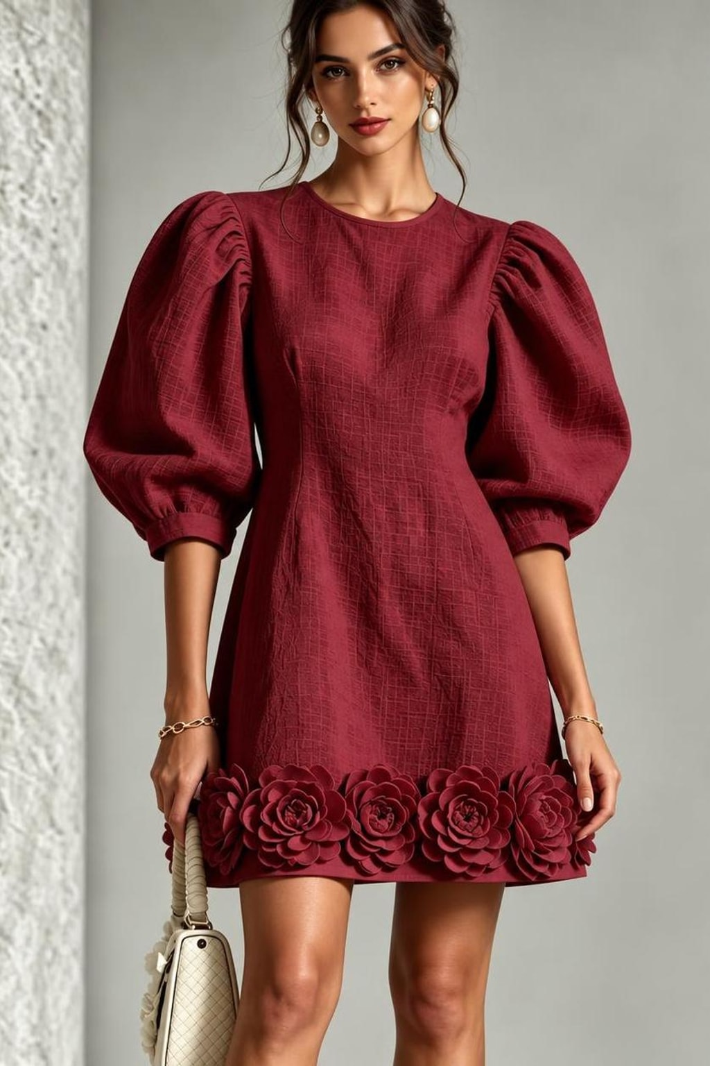Synthetic Fiber Mini Dress With 3D Floral Applique - 2