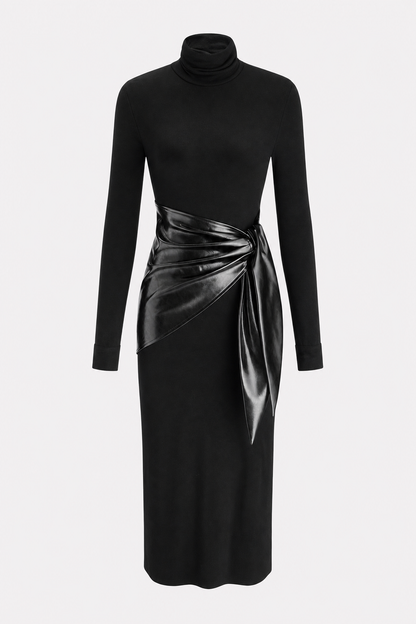 Faux Leather Belted Turtleneck Maxi Dress