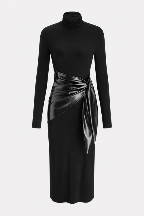 Faux Leather Belted Turtleneck Maxi Dress