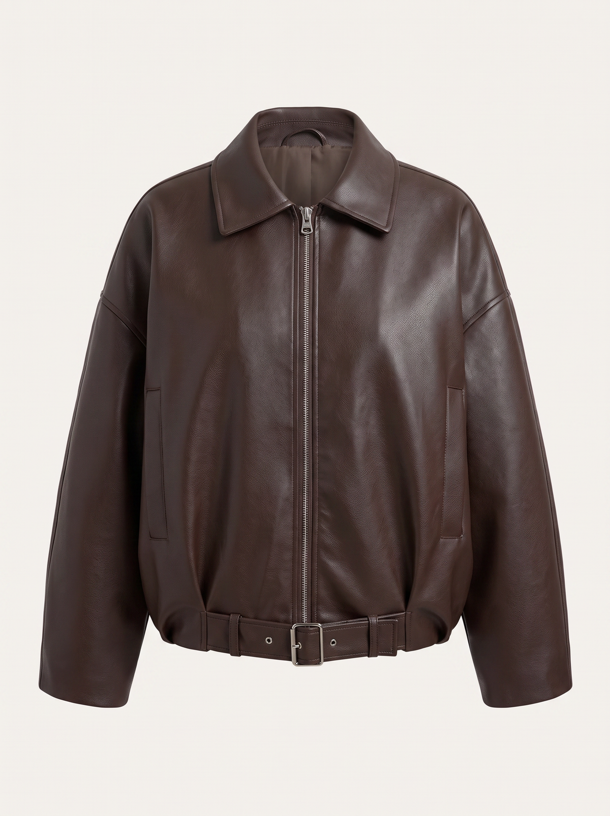 Faux Leather Bomber Jacket with Belted Waist