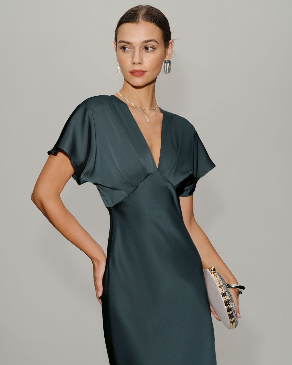 Grey green satin cowl sleeve midi dress - view 4