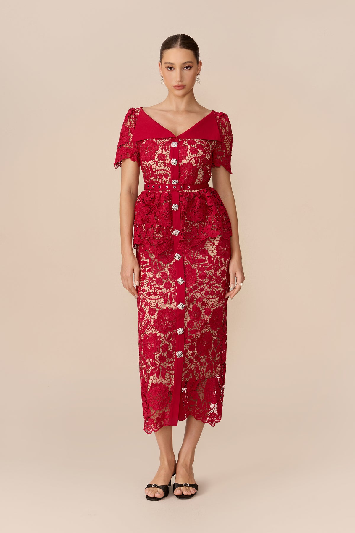 Ruffle Sleeve Off-Shoulder Lace Midi in Red - view 2