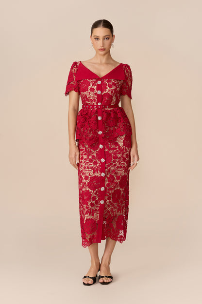 Ruffle Sleeve Off-Shoulder Lace Midi in Red - view 2