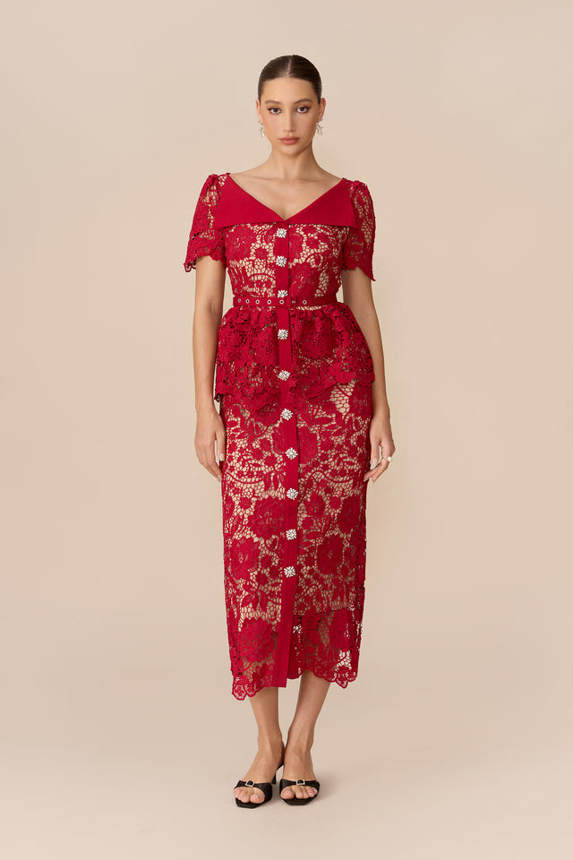 Lace Off-Shoulder Ruffle Sleeve Midi Dress - 2