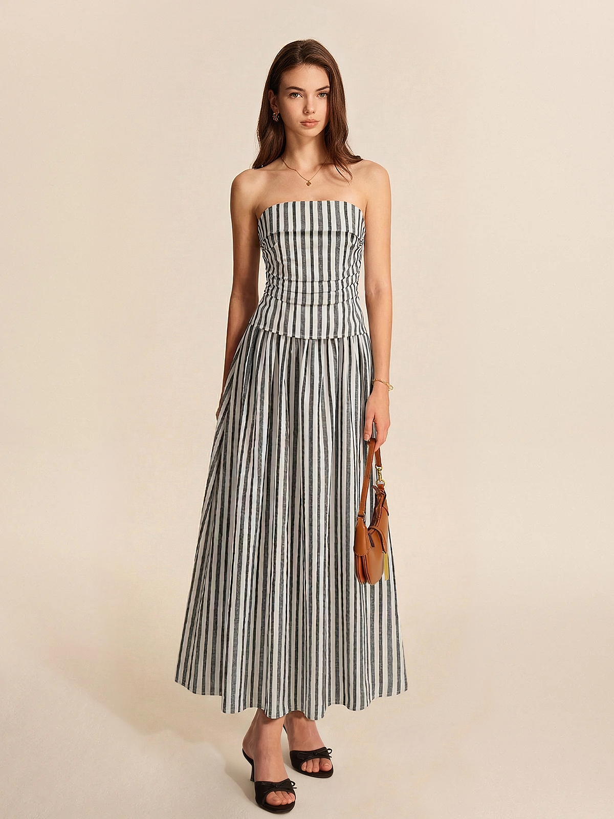 Striped Cotton Linen Strapless Maxi Dress - view 2