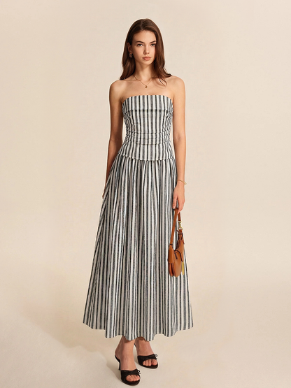 Striped Cotton Linen Strapless Maxi Dress - view 2