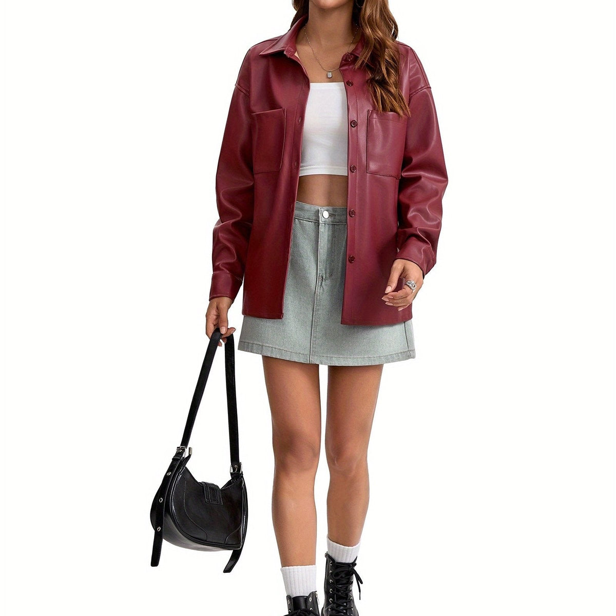Oversized Faux Leather Button-Front Jacket - view 11