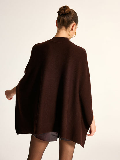 Dark Brown Belted Knit Cape Top with High Neck - view 4