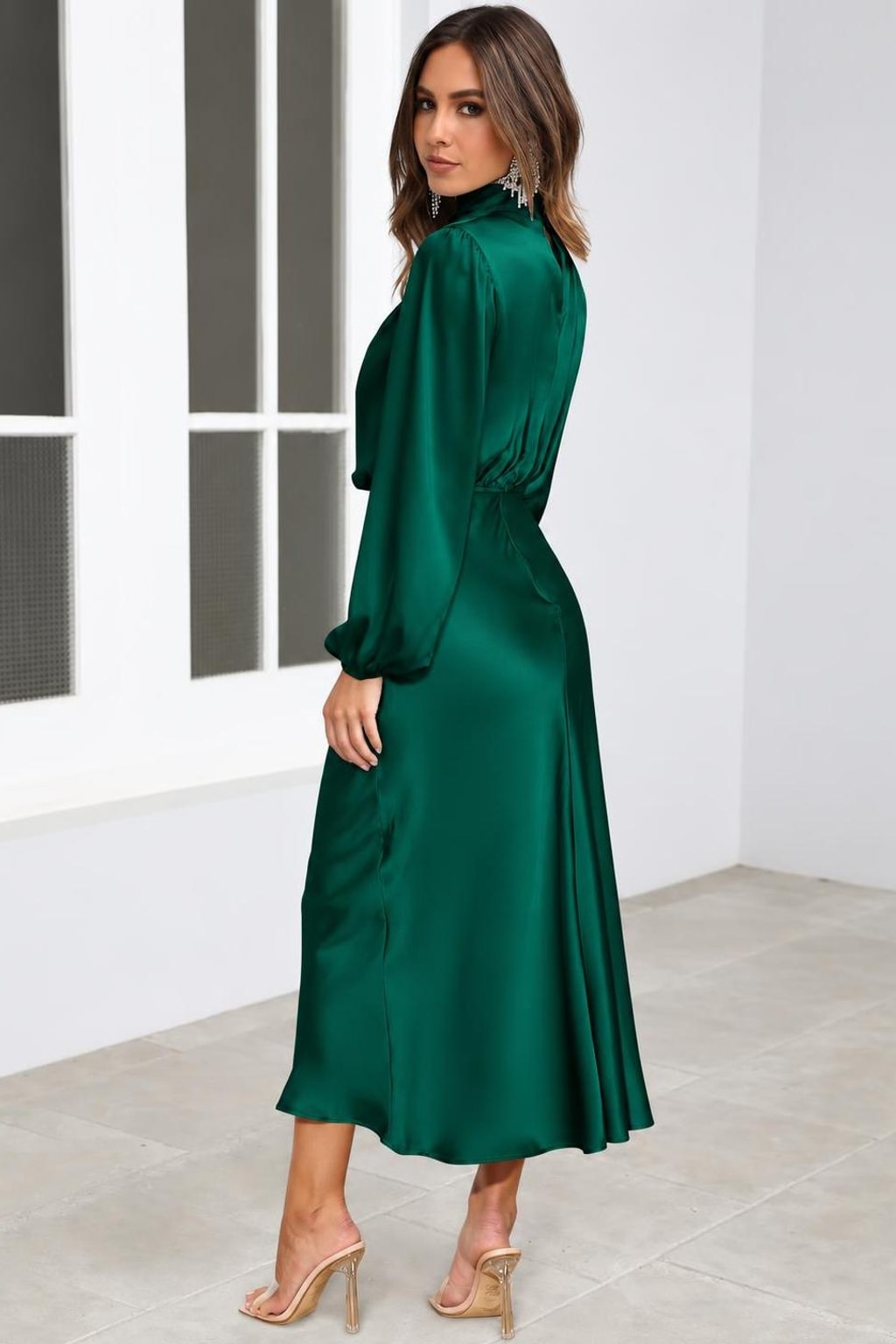 Satin High-Neck Midi Dress - 7