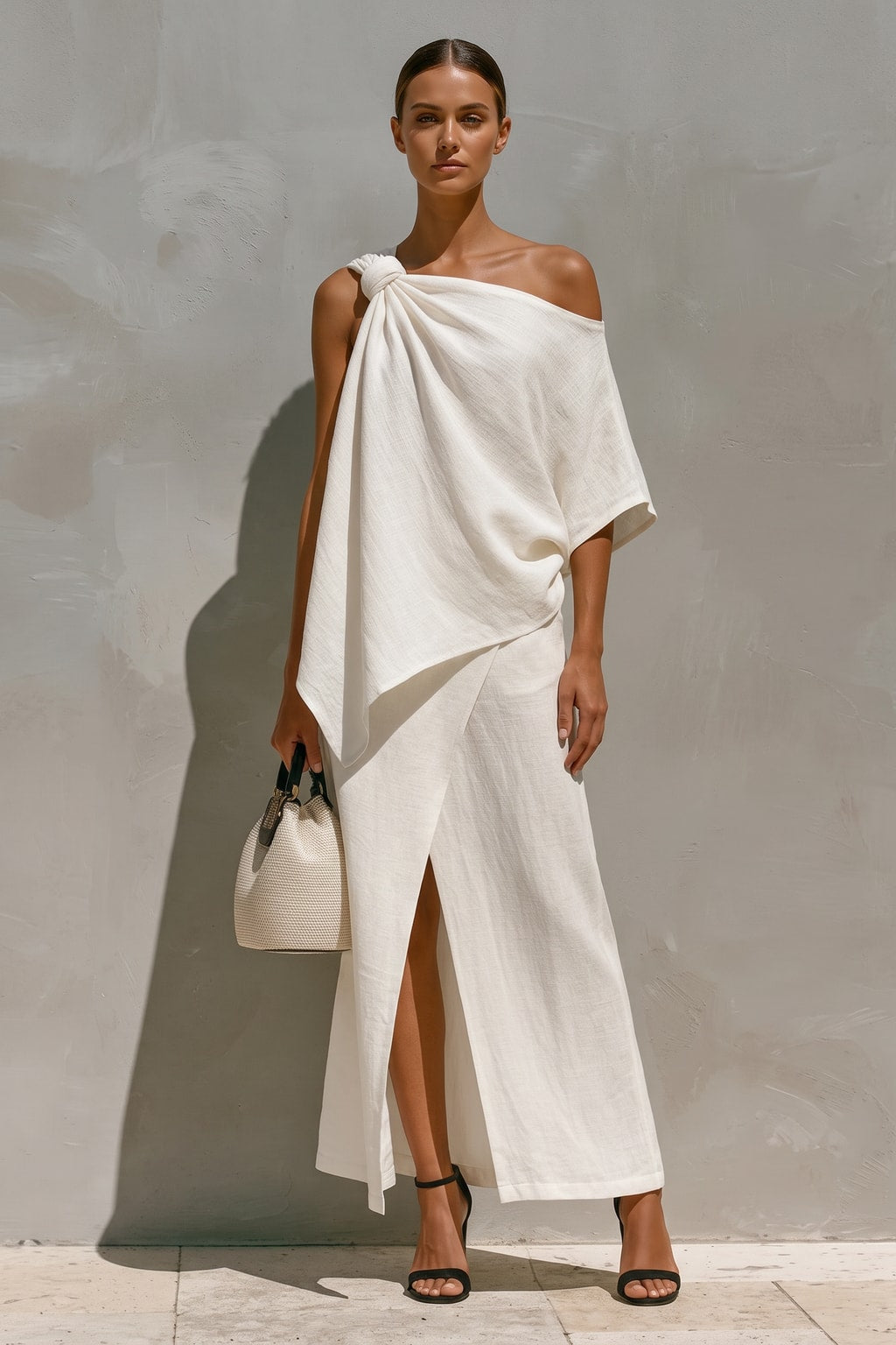 Woven Two-Piece Evening Set With One-Shoulder Drape - 2