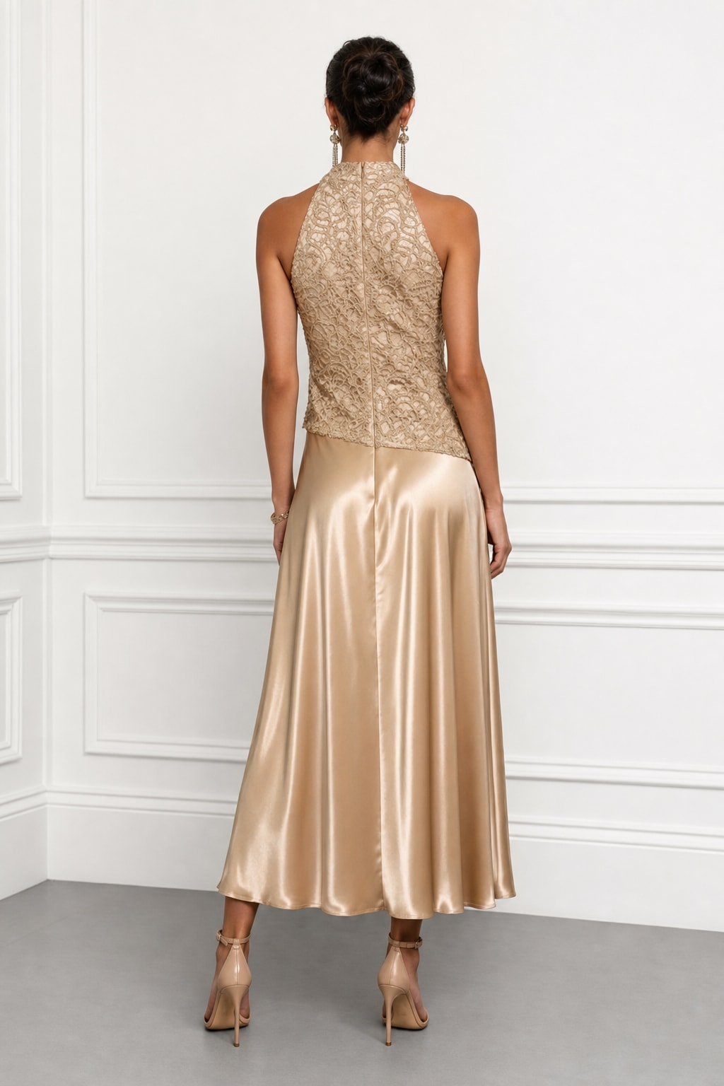 Lace Satin Halter A-Line Maxi Dress - 3