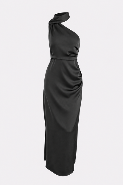 One-Shoulder A-Line Maxi Dress in Black