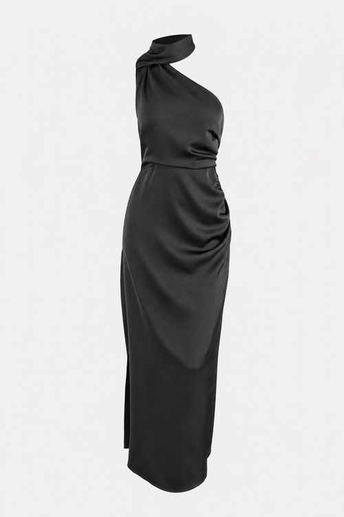 One-Shoulder A-Line Maxi Dress in Black