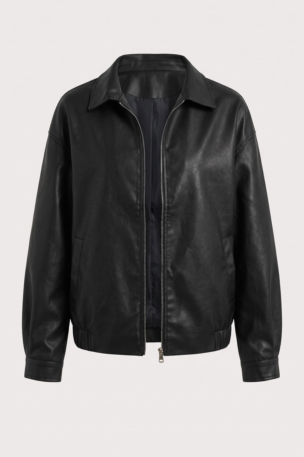 Timeless Black Faux Leather Jacket With Point Collar - 1