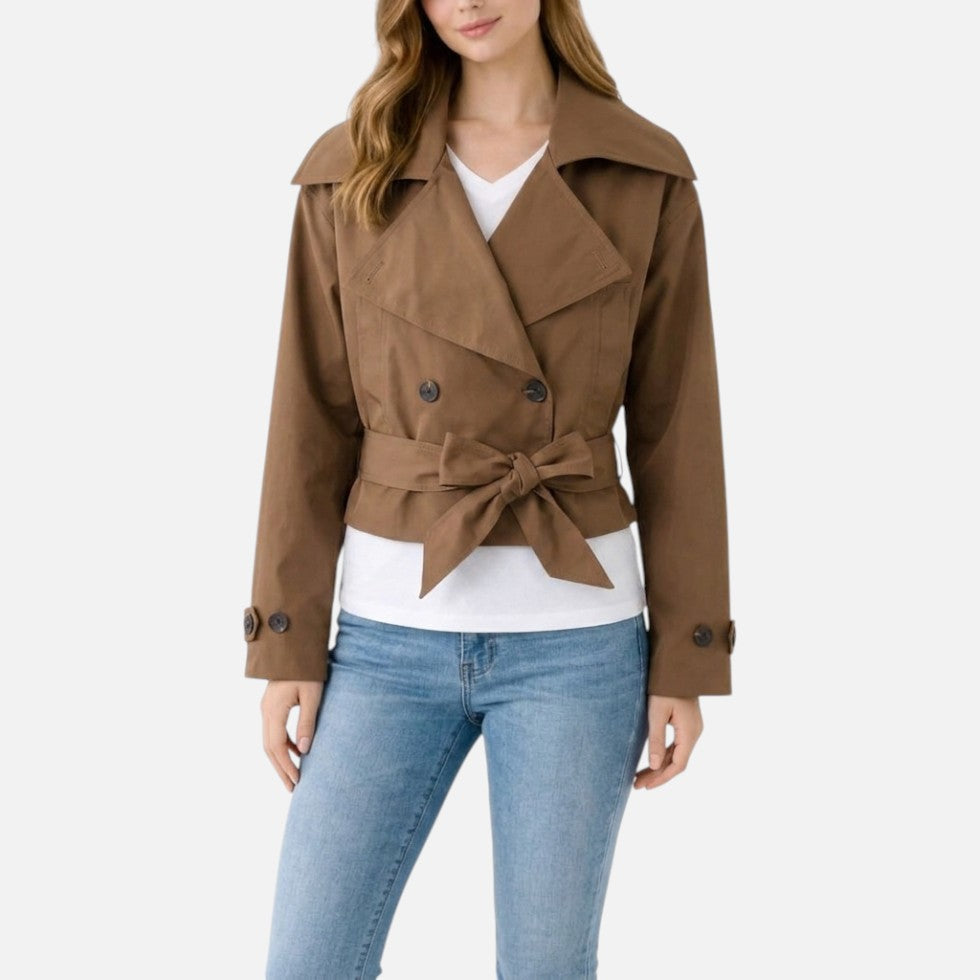 Belted Cropped Trench Jacket, Notch Collar - view 4