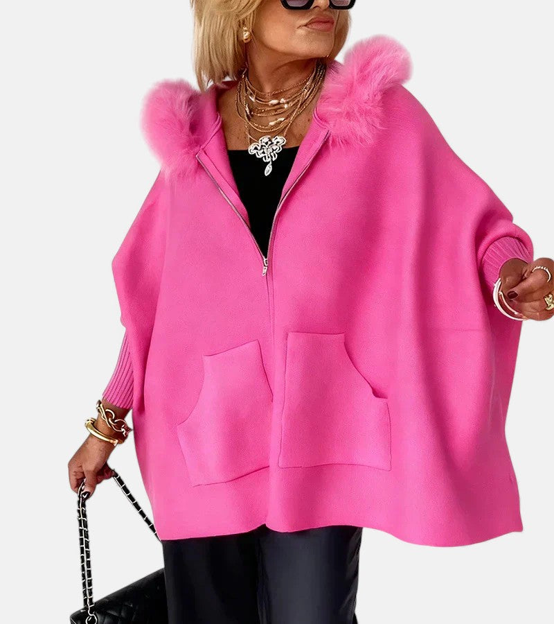 Fur-Trim Hooded Coat, Roomy Fit - view 2