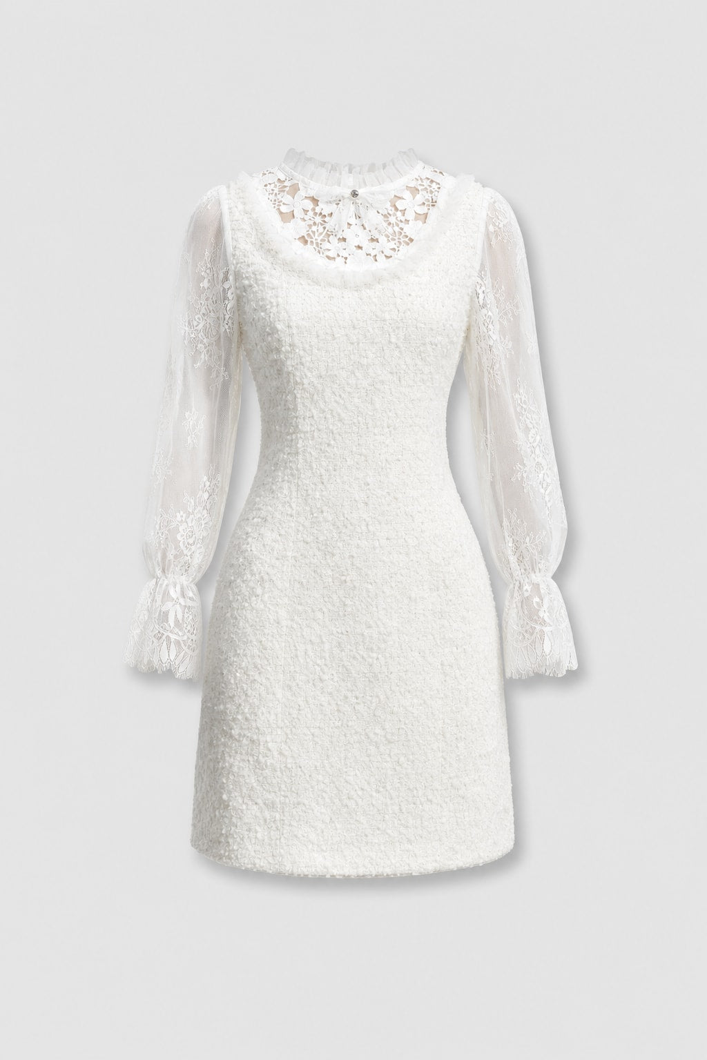 Tweed Long-Sleeve Lace-Trim Mini Dress - 1