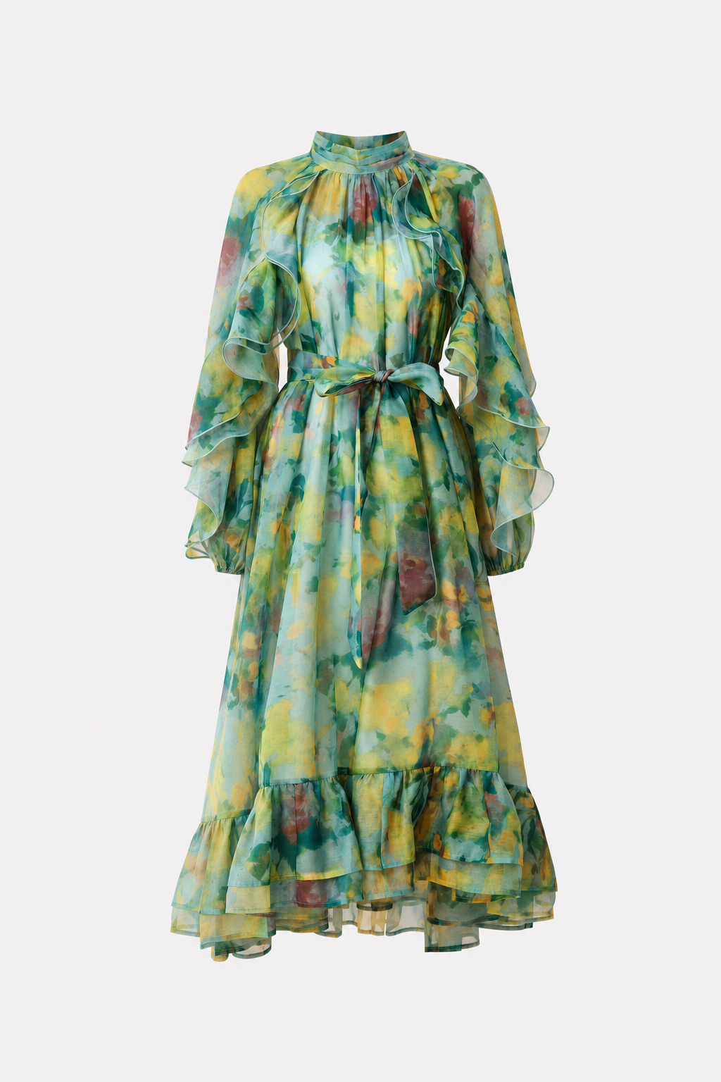 Green ruffle sleeve high neck midi dress