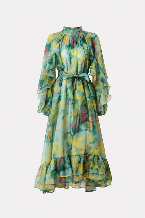Green ruffle sleeve high neck midi dress