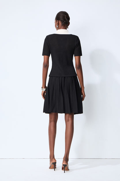 Contrast Collar Knit Top and Pleated Skirt Set - view 4