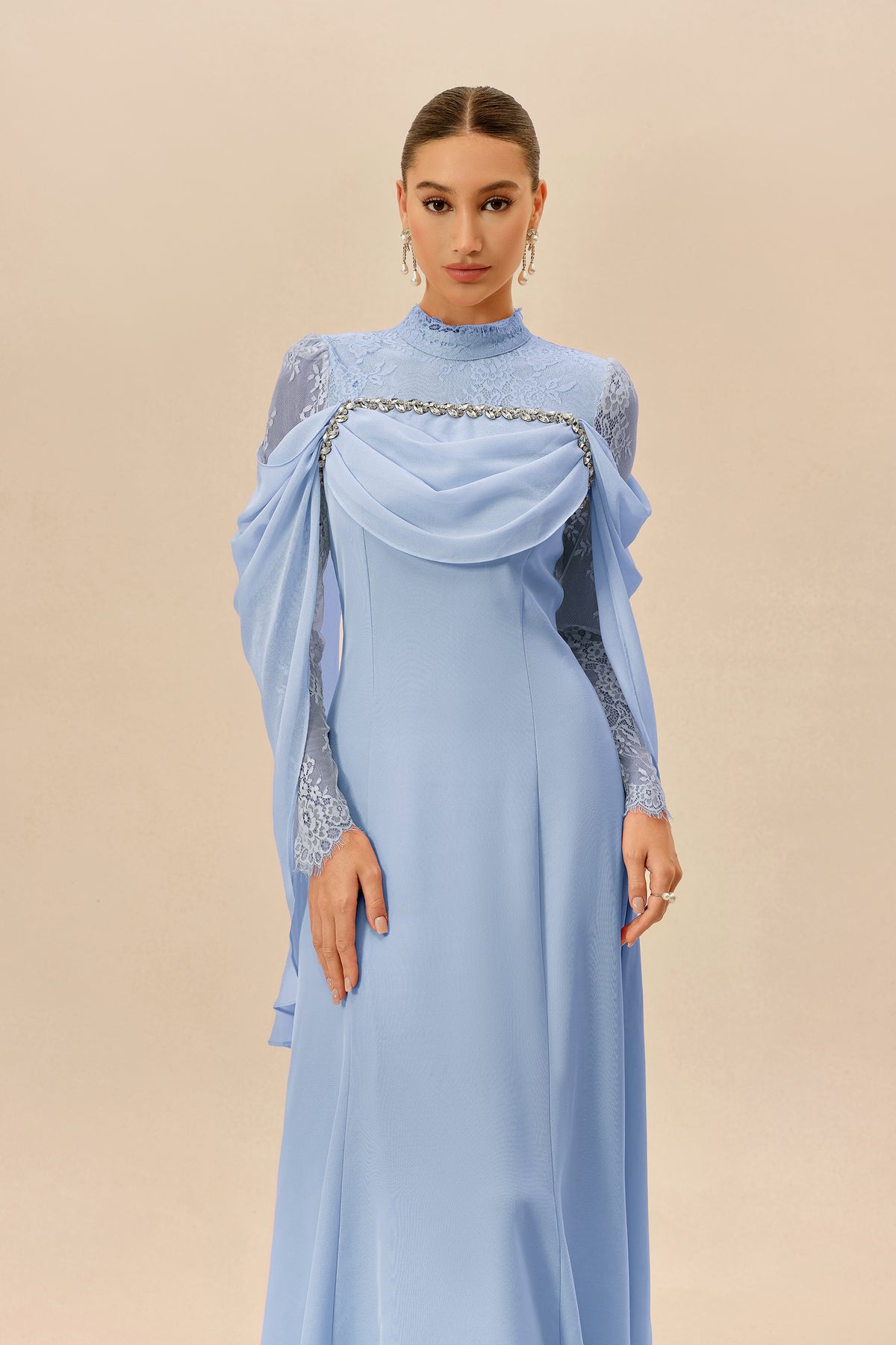 Blue Floral Chiffon Maxi Dress with Ruffle Sleeves - view 3