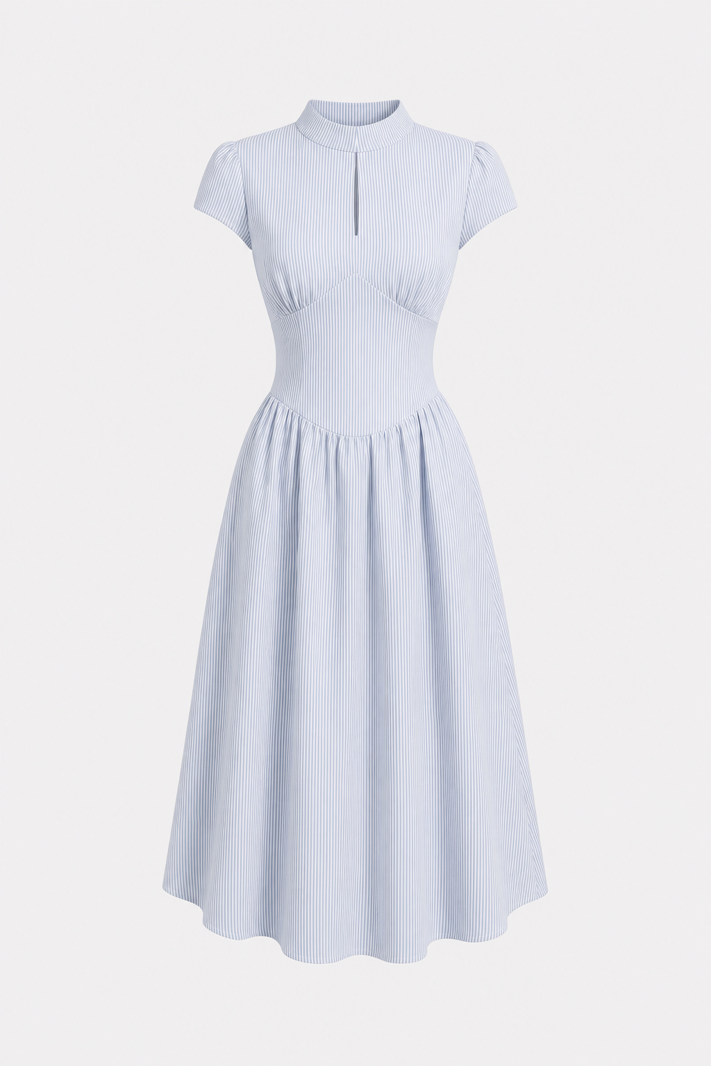 Blue Striped Mock Neck Midi Dress