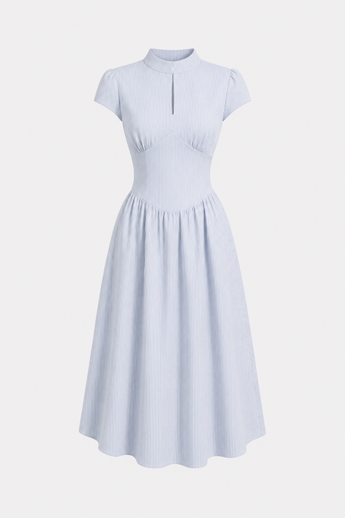 Blue Striped Mock Neck Midi Dress