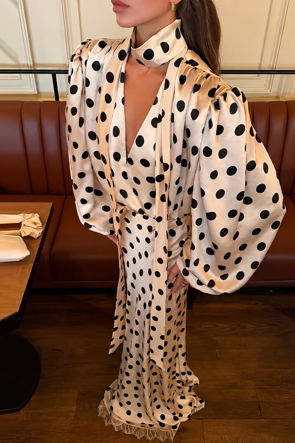 Satin Maxi Dress Polka Dot V-Neck Evening Outfit - 7