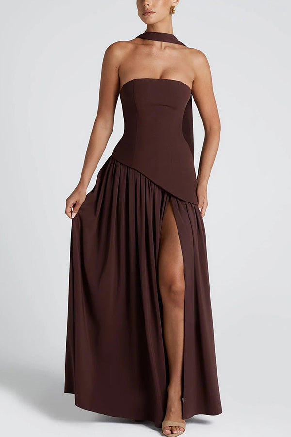 Off-Shoulder Pleated Maxi Dress With Slit - view 6