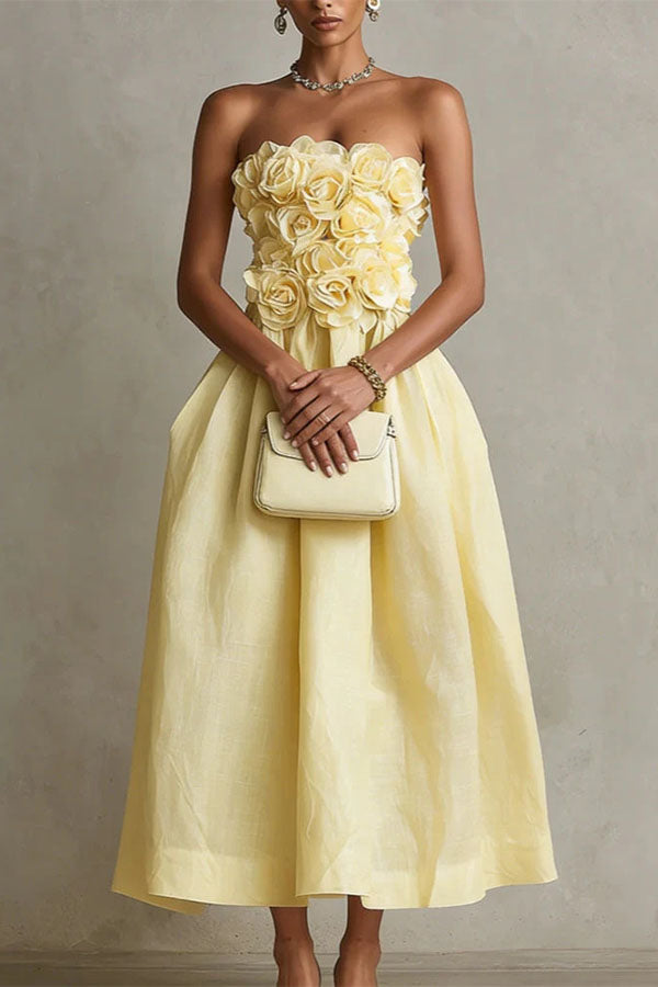 Off-Shoulder Rosette Midi Dress in Yellow - view 4