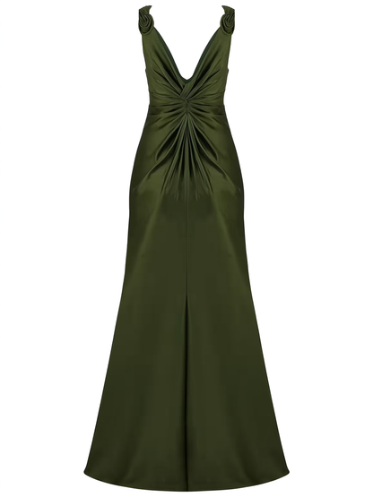 Satin knot-shoulder maxi dress with side slit