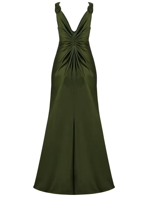 Satin knot-shoulder maxi dress with side slit