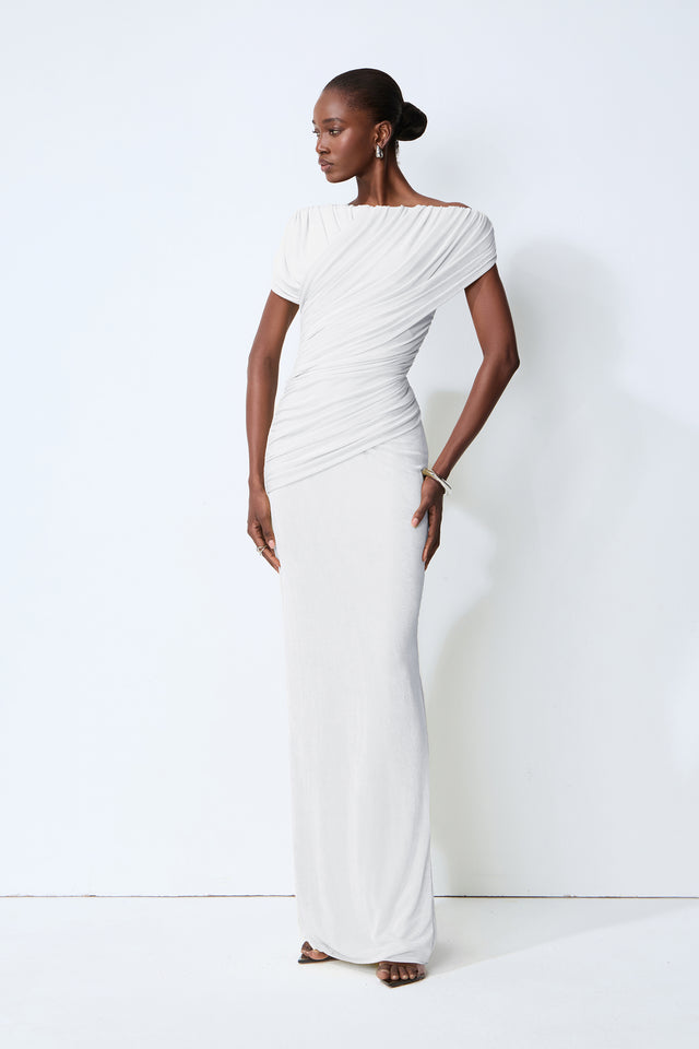 White Off-Shoulder Ruched Maxi Dress With Flattering Stretch Fit - 2